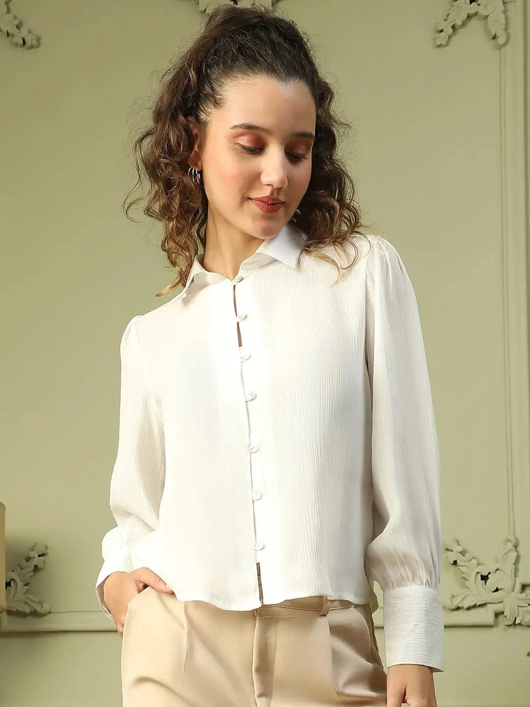 Show Off  Solid White Collared Long Sleeve Button Down Women Satin Shirt