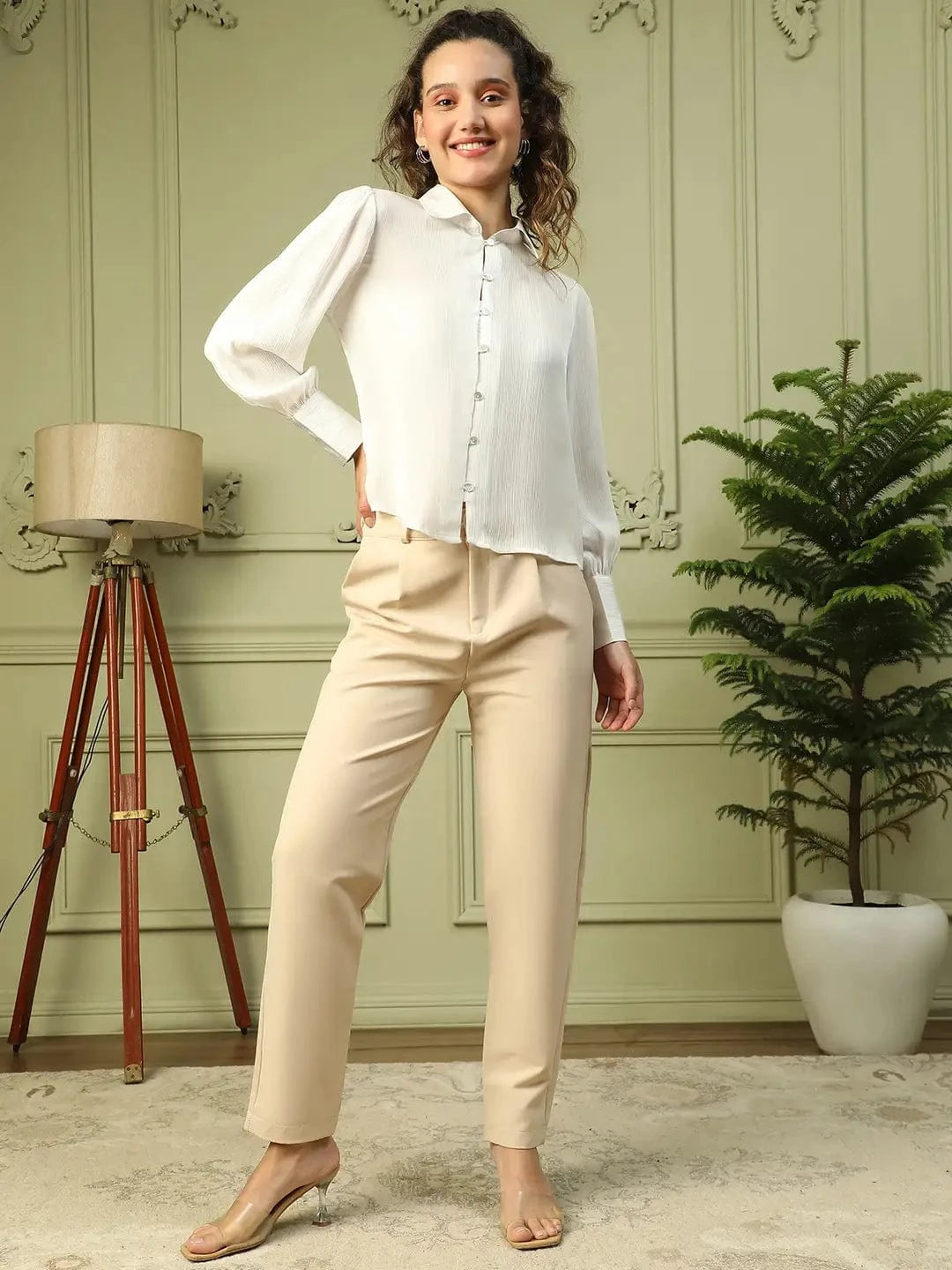 Show Off  Solid White Collared Long Sleeve Button Down Women Satin Shirt