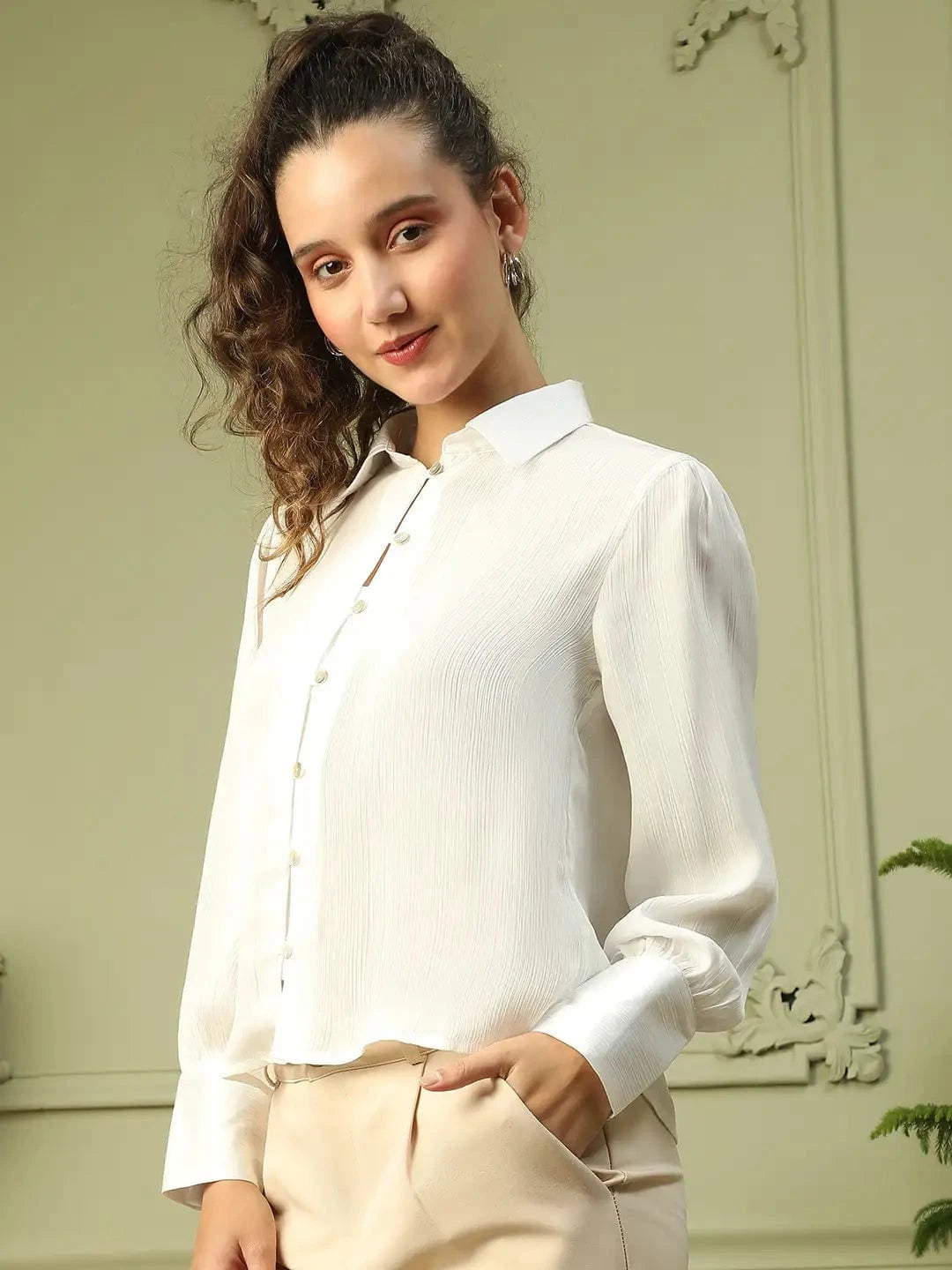 Show Off  Solid White Collared Long Sleeve Button Down Women Satin Shirt