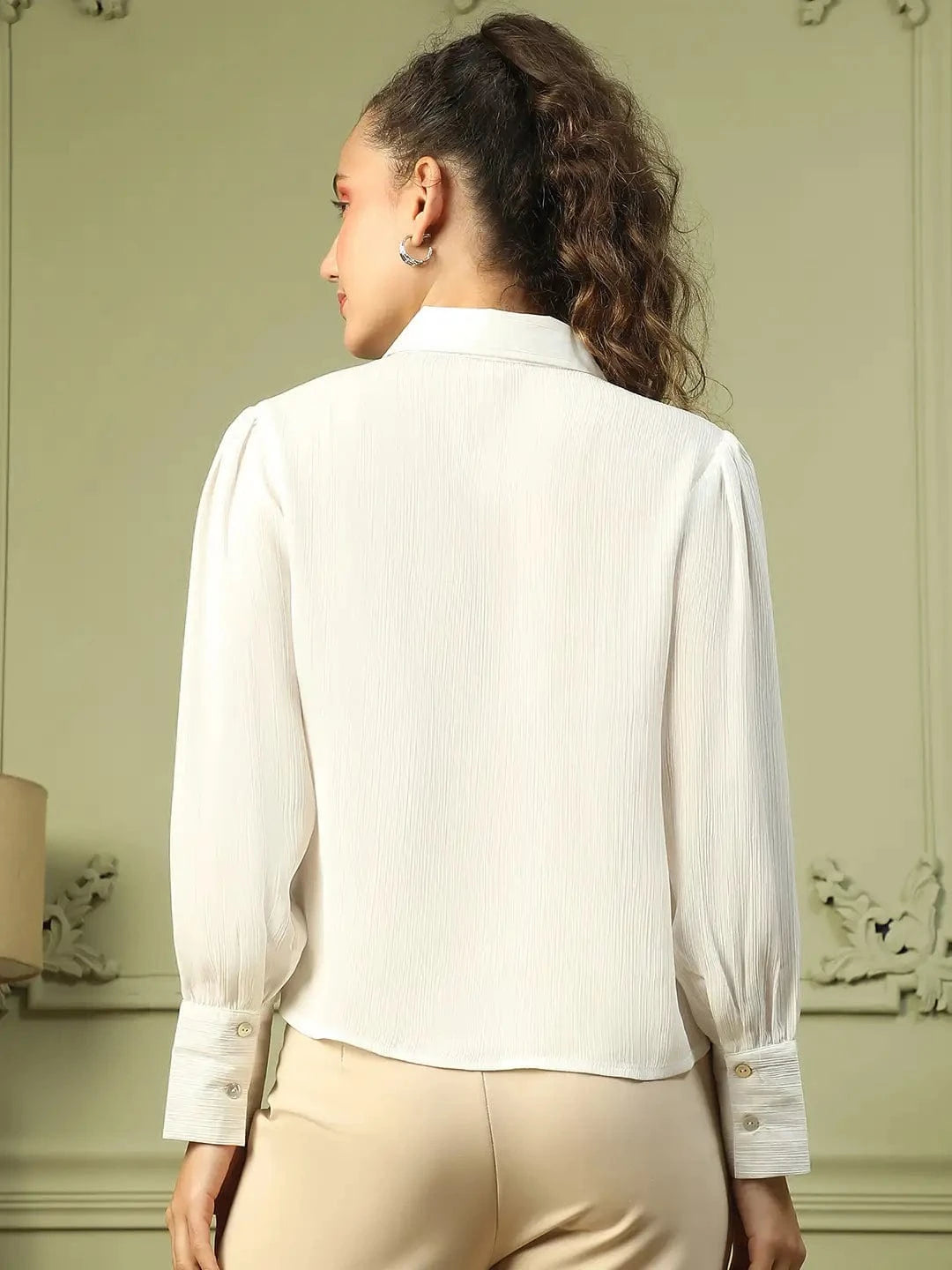 Show Off  Solid White Collared Long Sleeve Button Down Women Satin Shirt