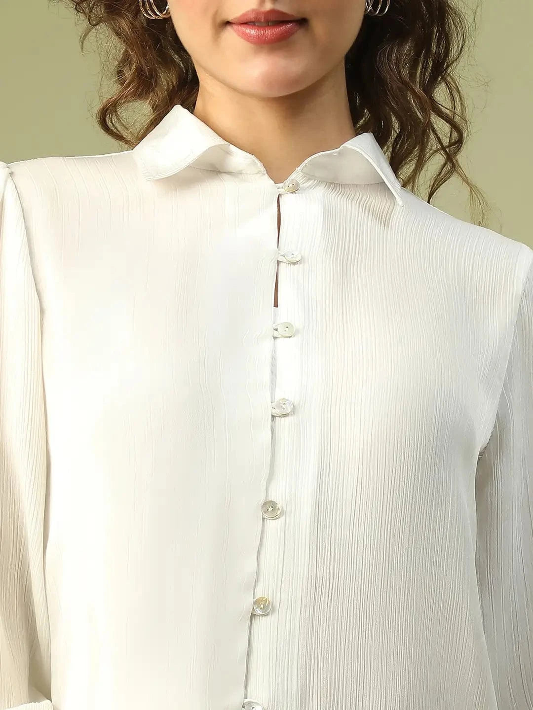 Show Off  Solid White Collared Long Sleeve Button Down Women Satin Shirt