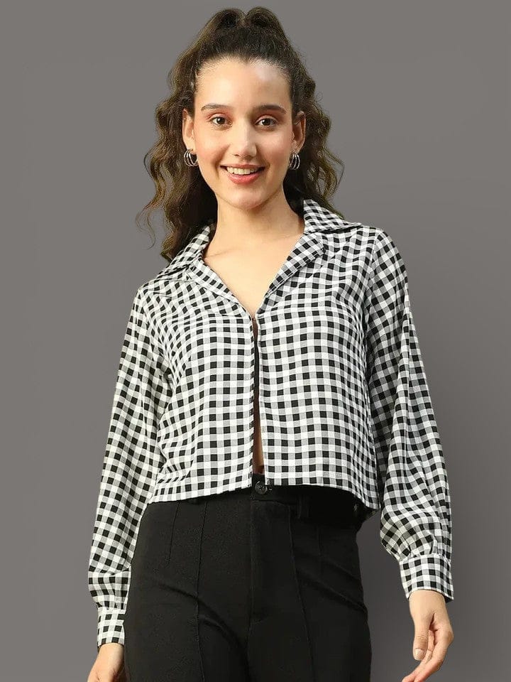 Black Check Print Crop Shirt