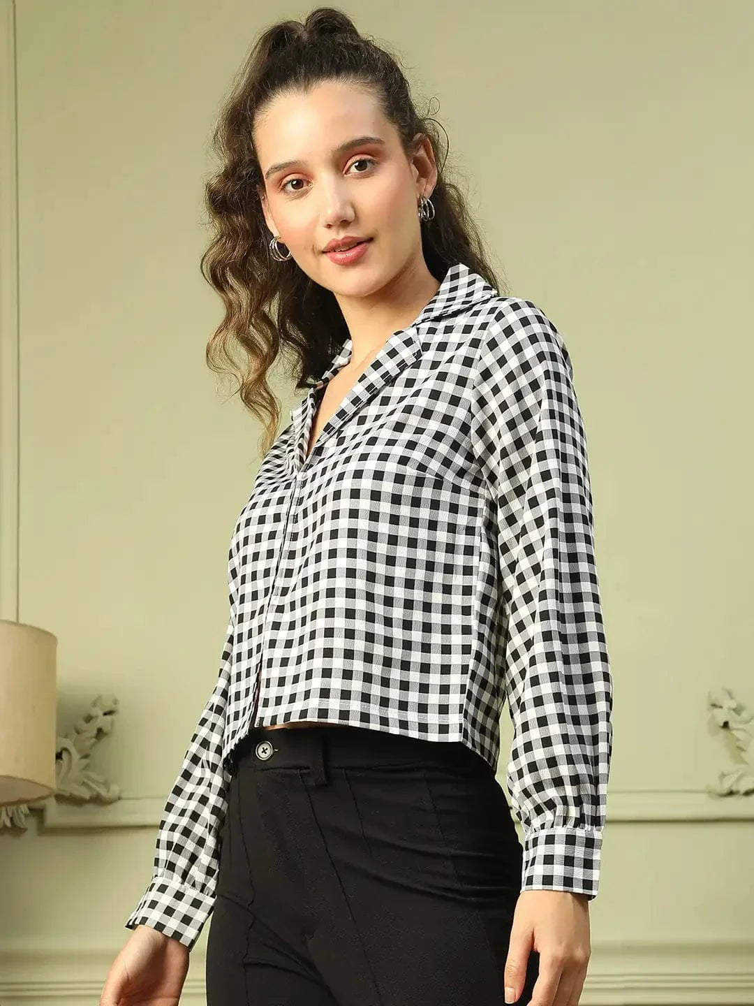 Gleam Black Check Print Long Sleeve Open Collared Button Down Women Crop  Shirt