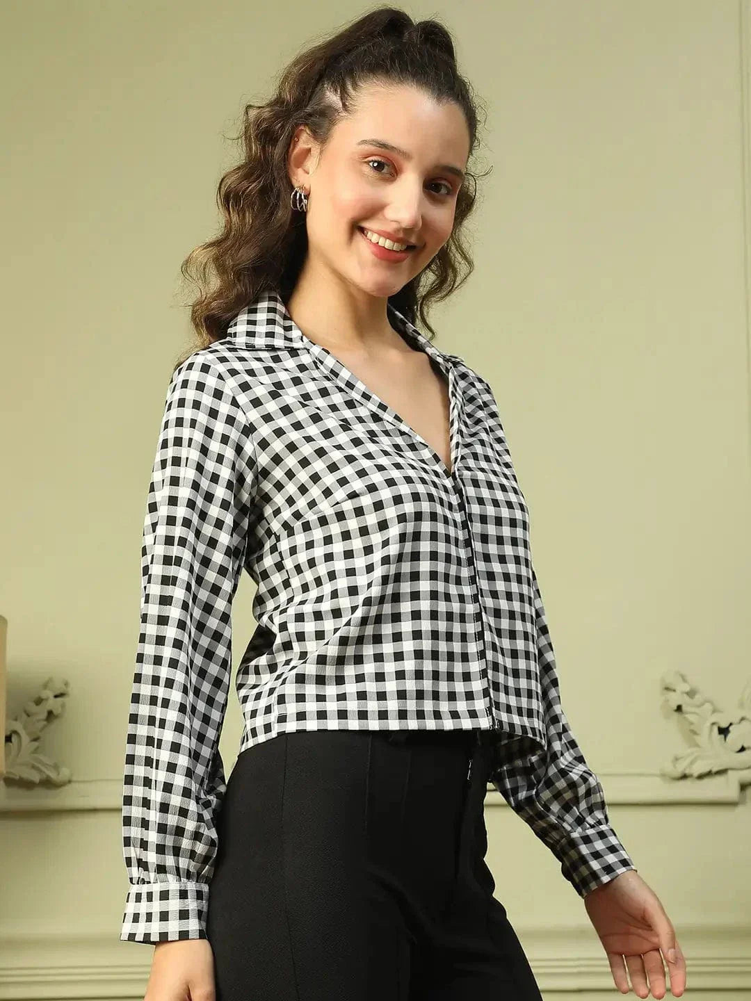 Gleam Black Check Print Long Sleeve Open Collared Button Down