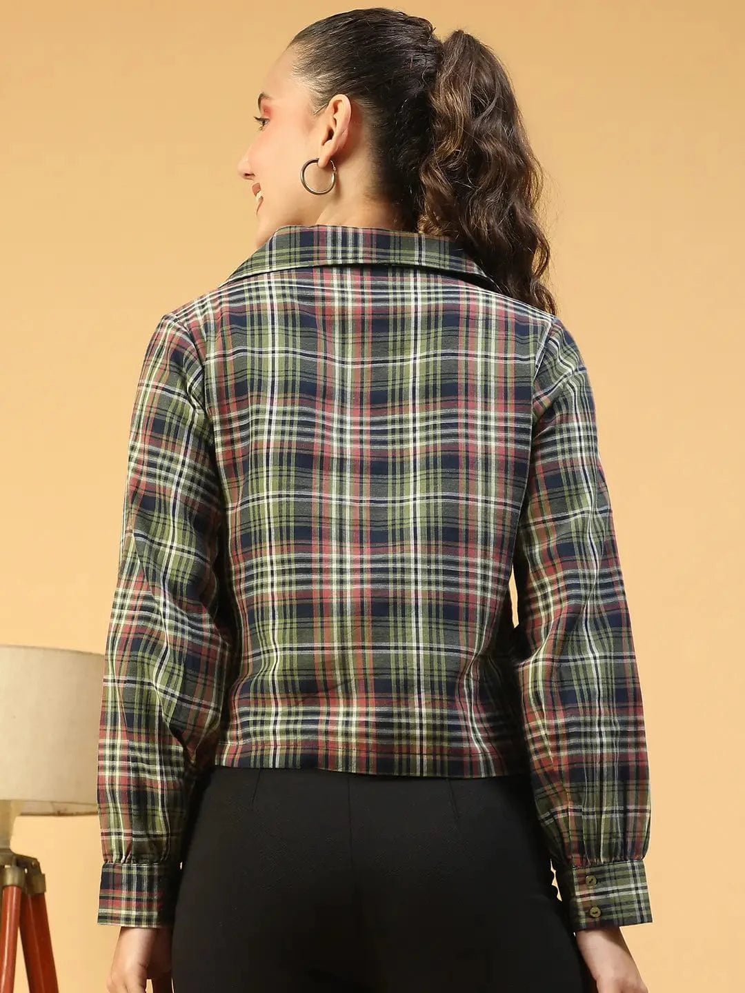 Multicolor Check Print Long Sleeve Open Collared Button Down Women Crop Shirt