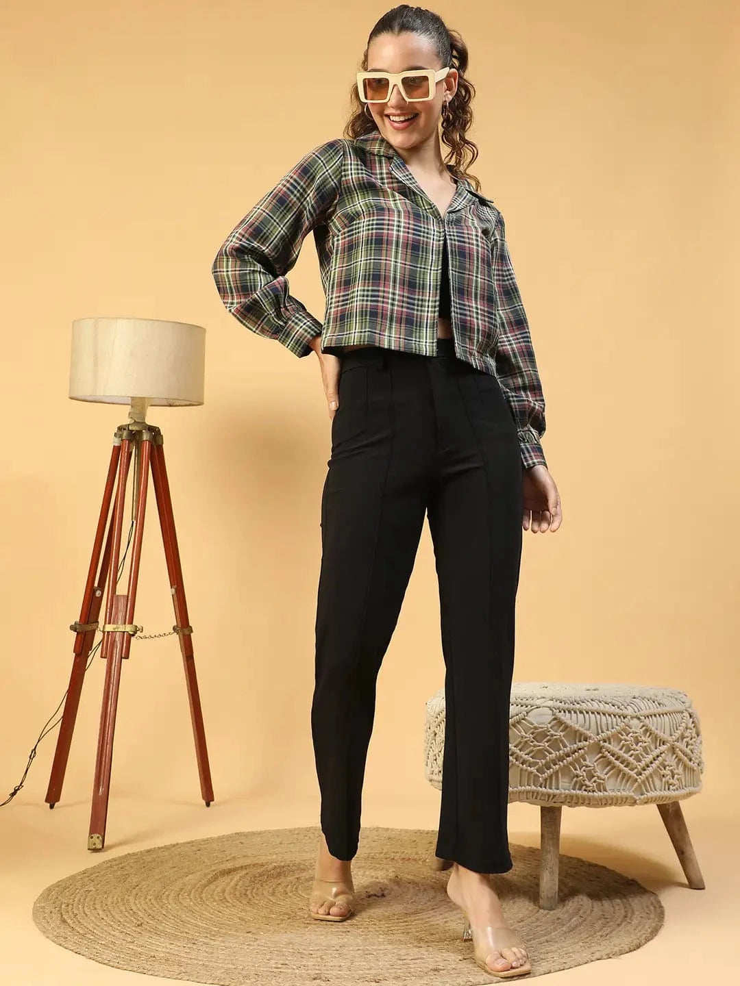 Multicolor Check Print Long Sleeve Open Collared Button Down Women Crop Shirt