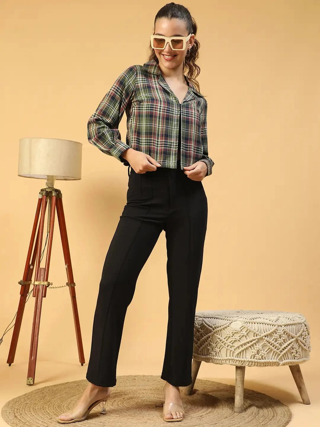 Multicolor Check Print Long Sleeve Open Collared Button Down Women Crop Shirt