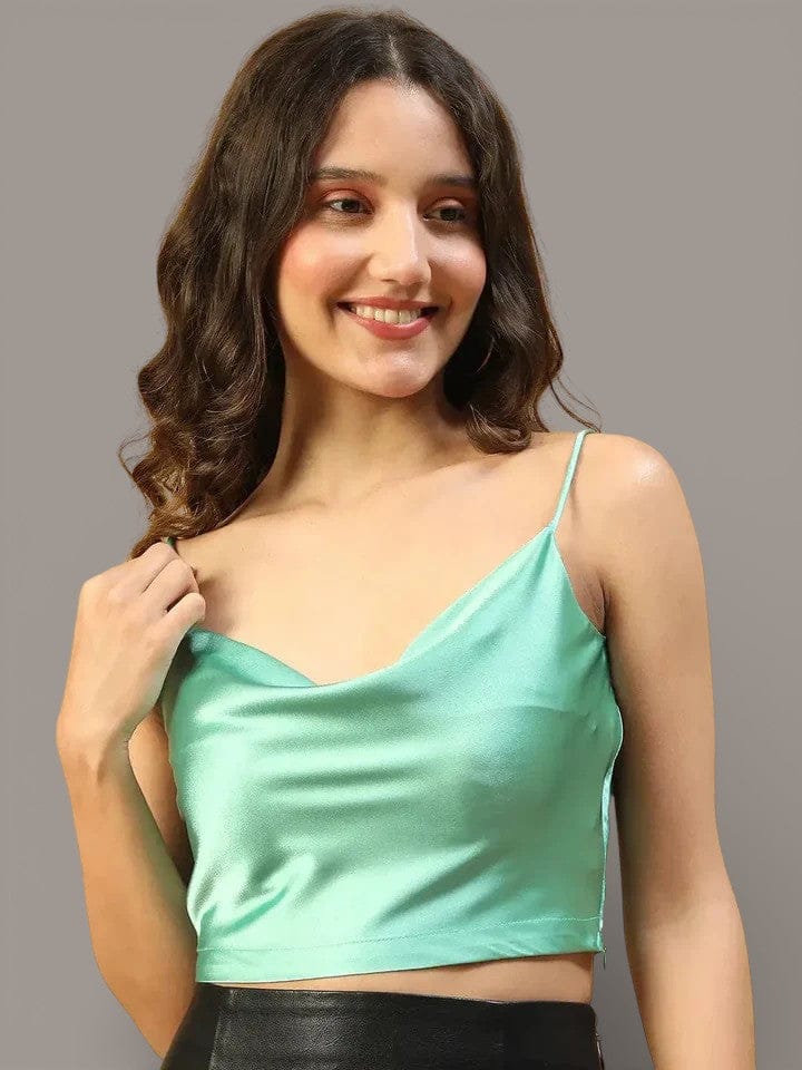 Green Satin Crop Top - Women's Partywear Cowl Neck Shoulder Strap Top