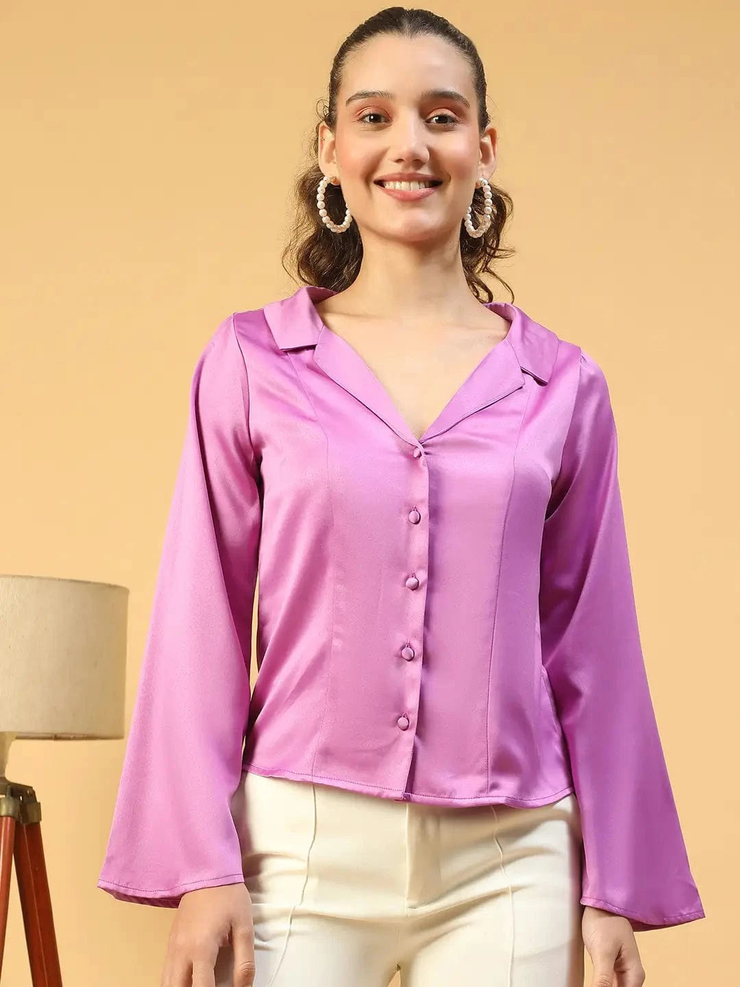 Magnify Purple Open Collar Long Sleeve Button Down Women Satin Shirt