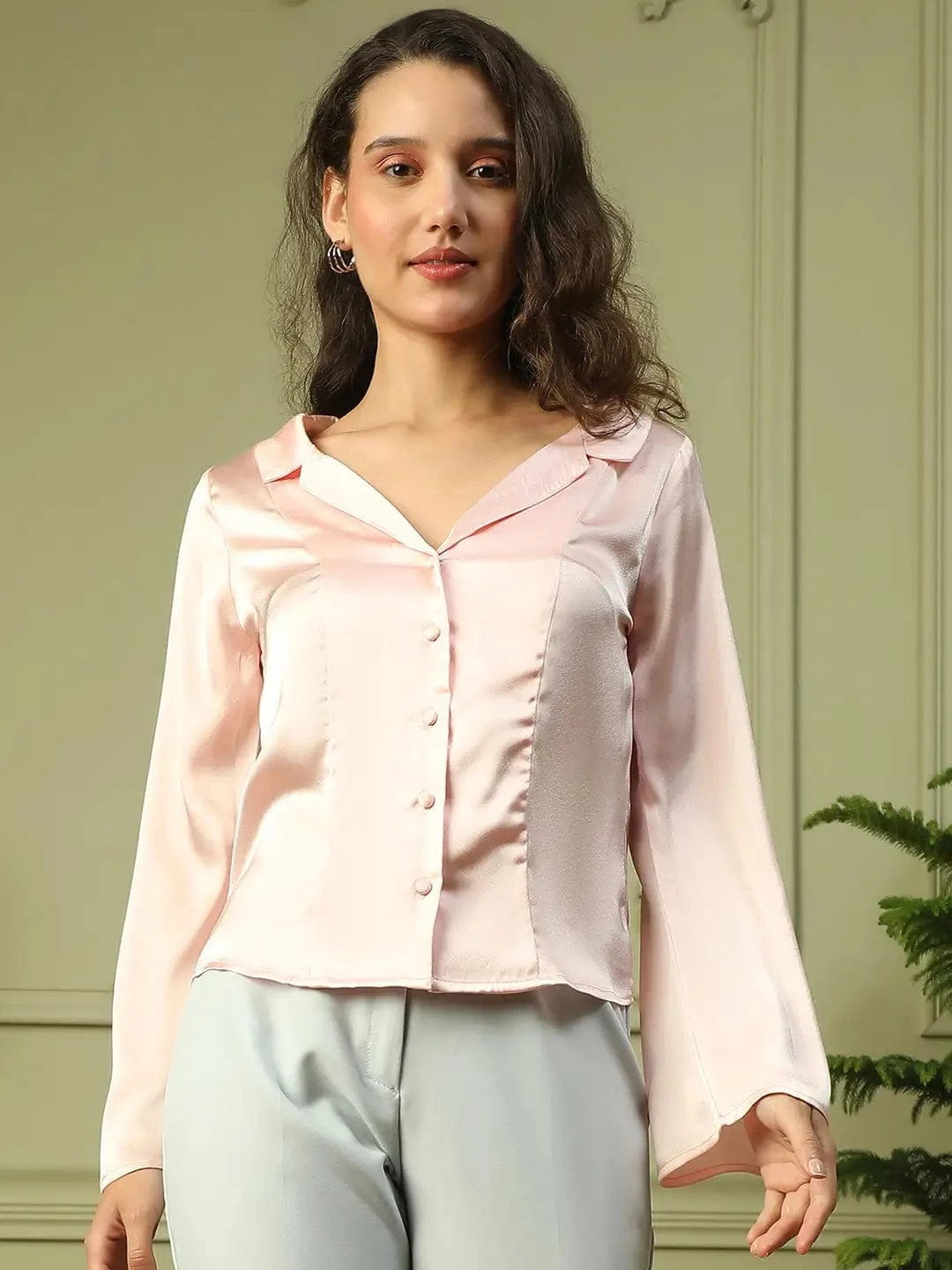 Posy Pink Open Collar Long Sleeve Button Down Women Satin Shirt