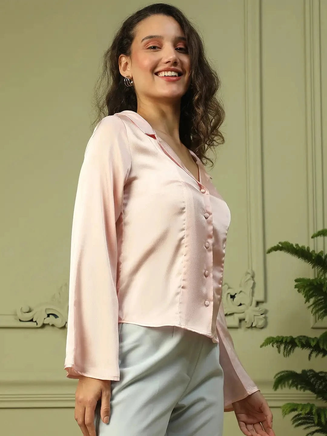 Posy Pink Open Collar Long Sleeve Button Down Women Satin Shirt