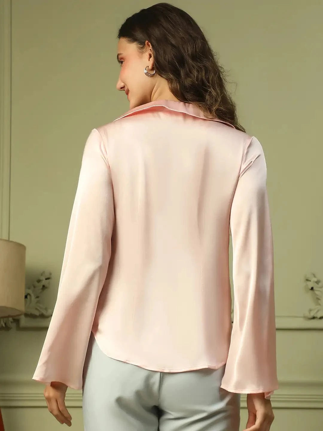 Posy Pink Open Collar Long Sleeve Button Down Women Satin Shirt