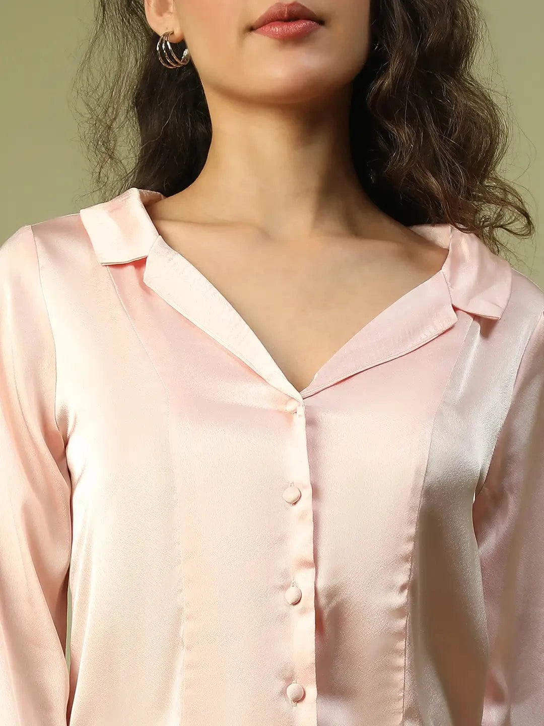 Posy Pink Open Collar Long Sleeve Button Down Women Satin Shirt