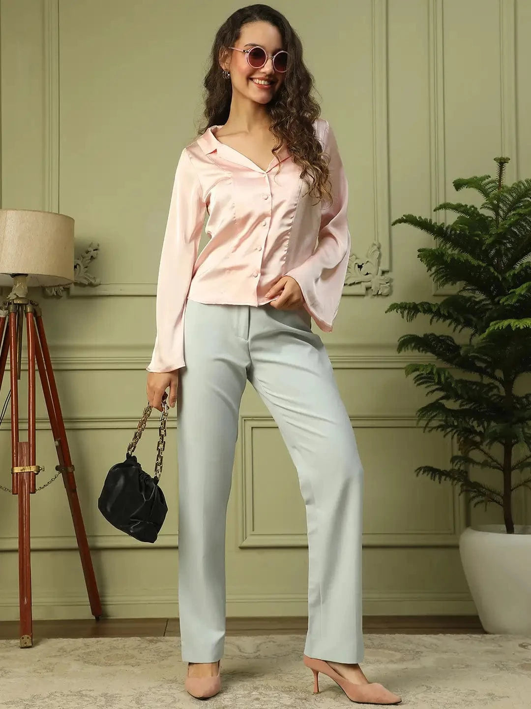 Posy Pink Open Collar Long Sleeve Button Down Women Satin Shirt