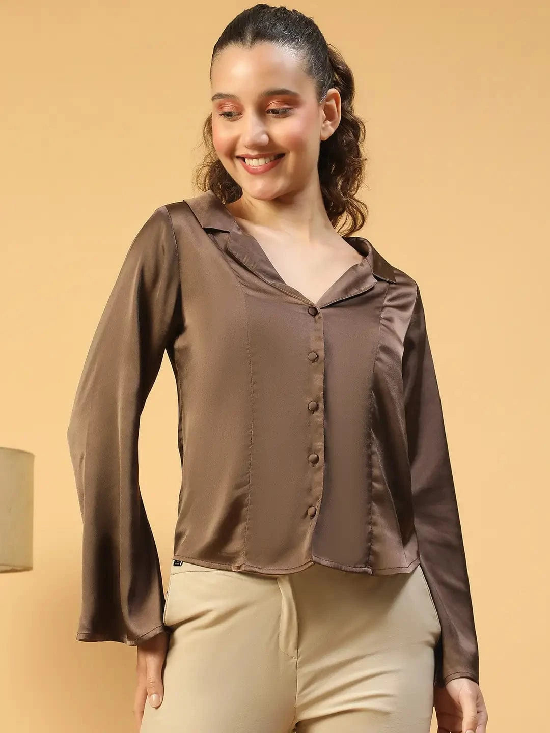 Vaunty Brown Open Collar Long Sleeve Button Down Women Satin Shirt