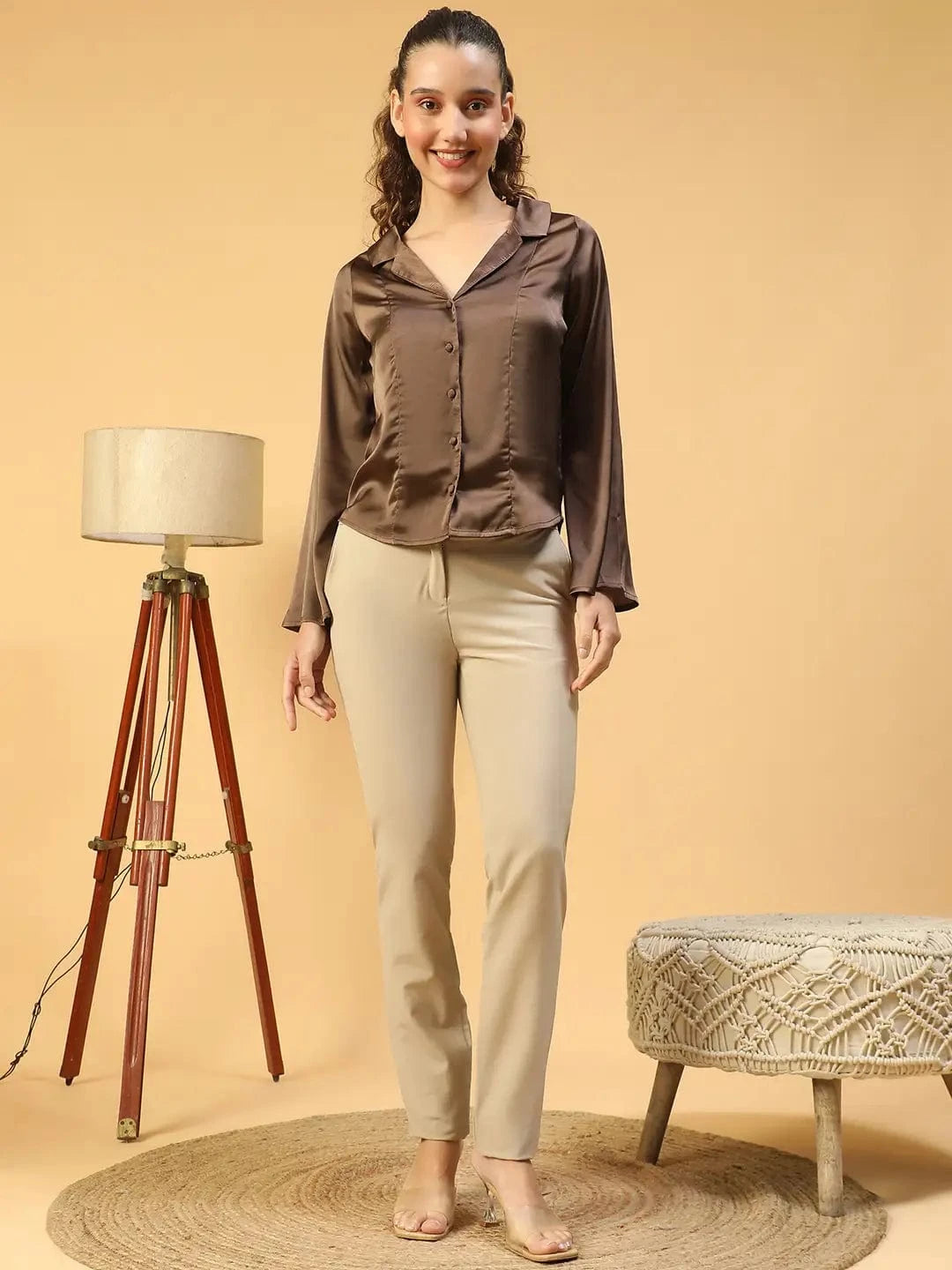 Vaunty Brown Open Collar Long Sleeve Button Down Women Satin Shirt