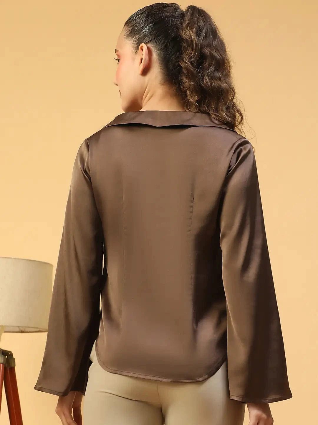 Vaunty Brown Open Collar Long Sleeve Button Down Women Satin Shirt