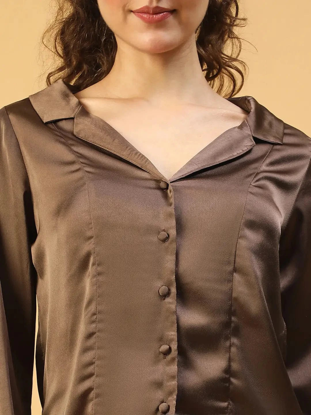 Vaunty Brown Open Collar Long Sleeve Button Down Women Satin Shirt