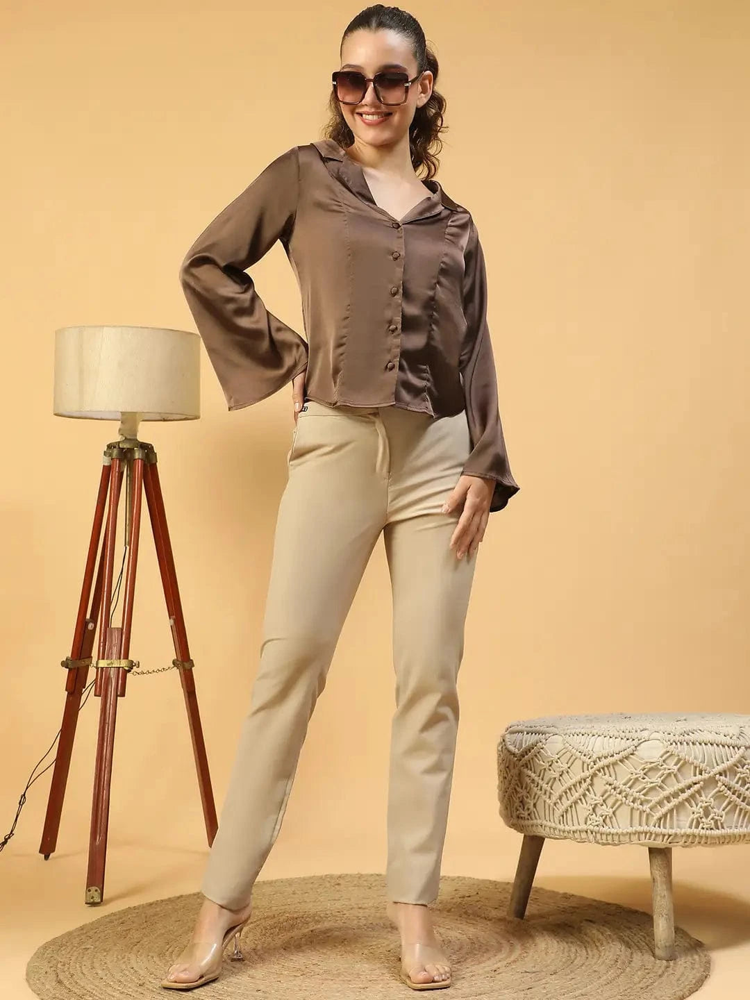 Vaunty Brown Open Collar Long Sleeve Button Down Women Satin Shirt