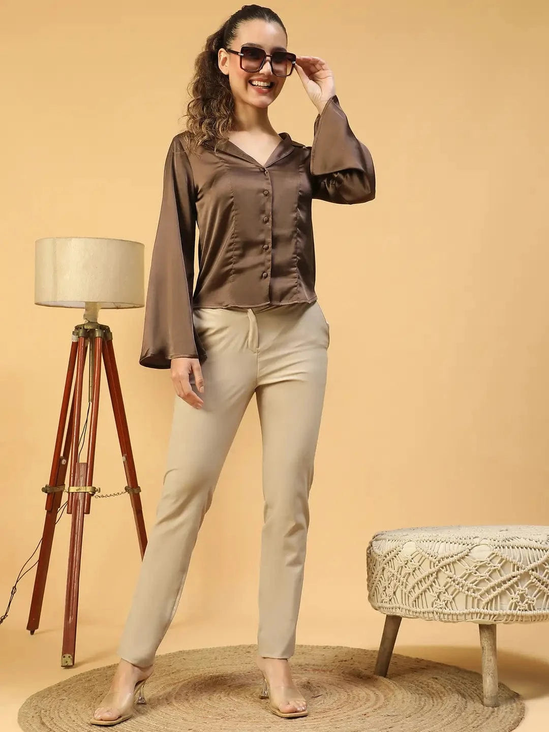 Vaunty Brown Open Collar Long Sleeve Button Down Women Satin Shirt