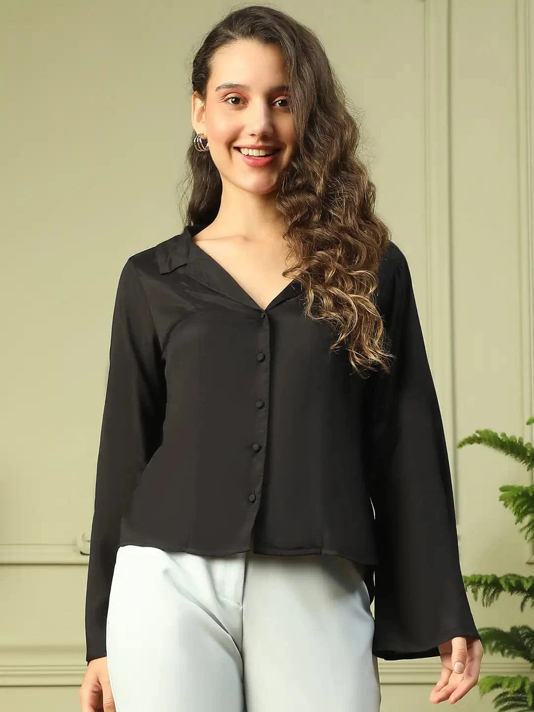 Blazon Black Open Collar Long Sleeve Button Down Women Satin Shirt