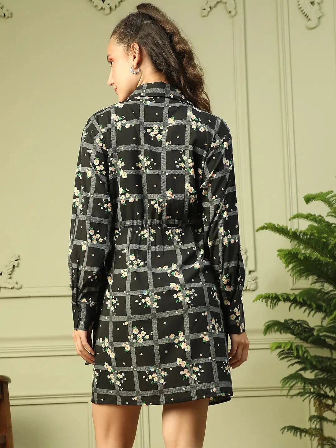 Crowned Black Floral Stripe Print V-Neck Long Sleeve Tie-Knot Women Wrap Dress