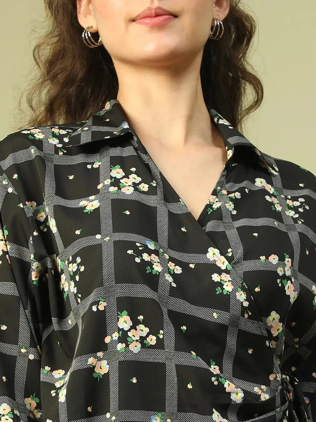 Crowned Black Floral Stripe Print V-Neck Long Sleeve Tie-Knot Women Wrap Dress