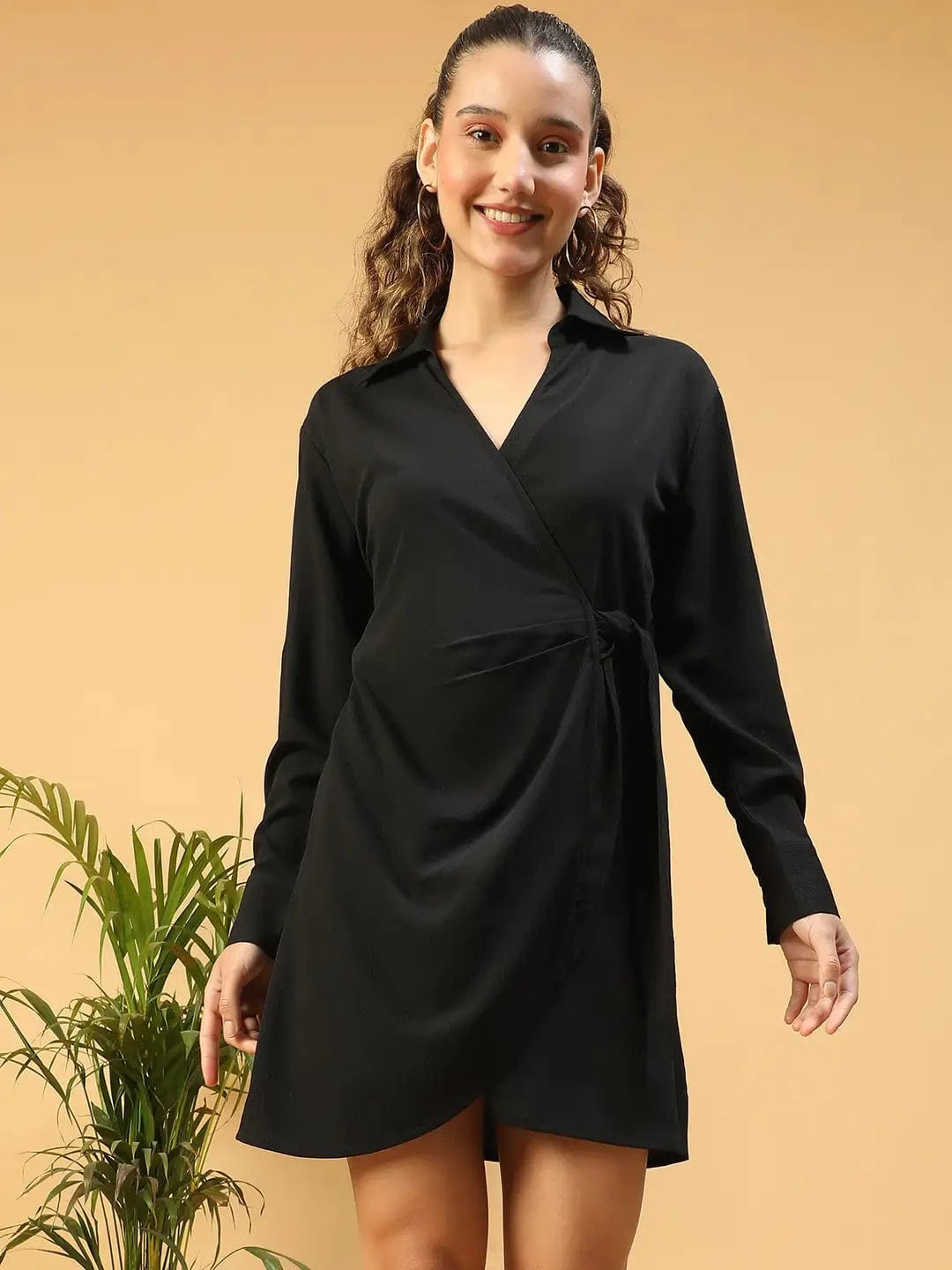 Outshine Black V-Neck Long Sleeve Tie-Knot Women Wrap Dress