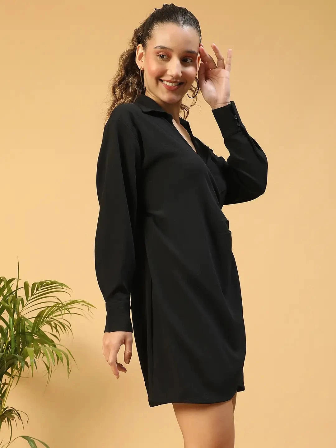 Outshine Black V-Neck Long Sleeve Tie-Knot Women Wrap Dress