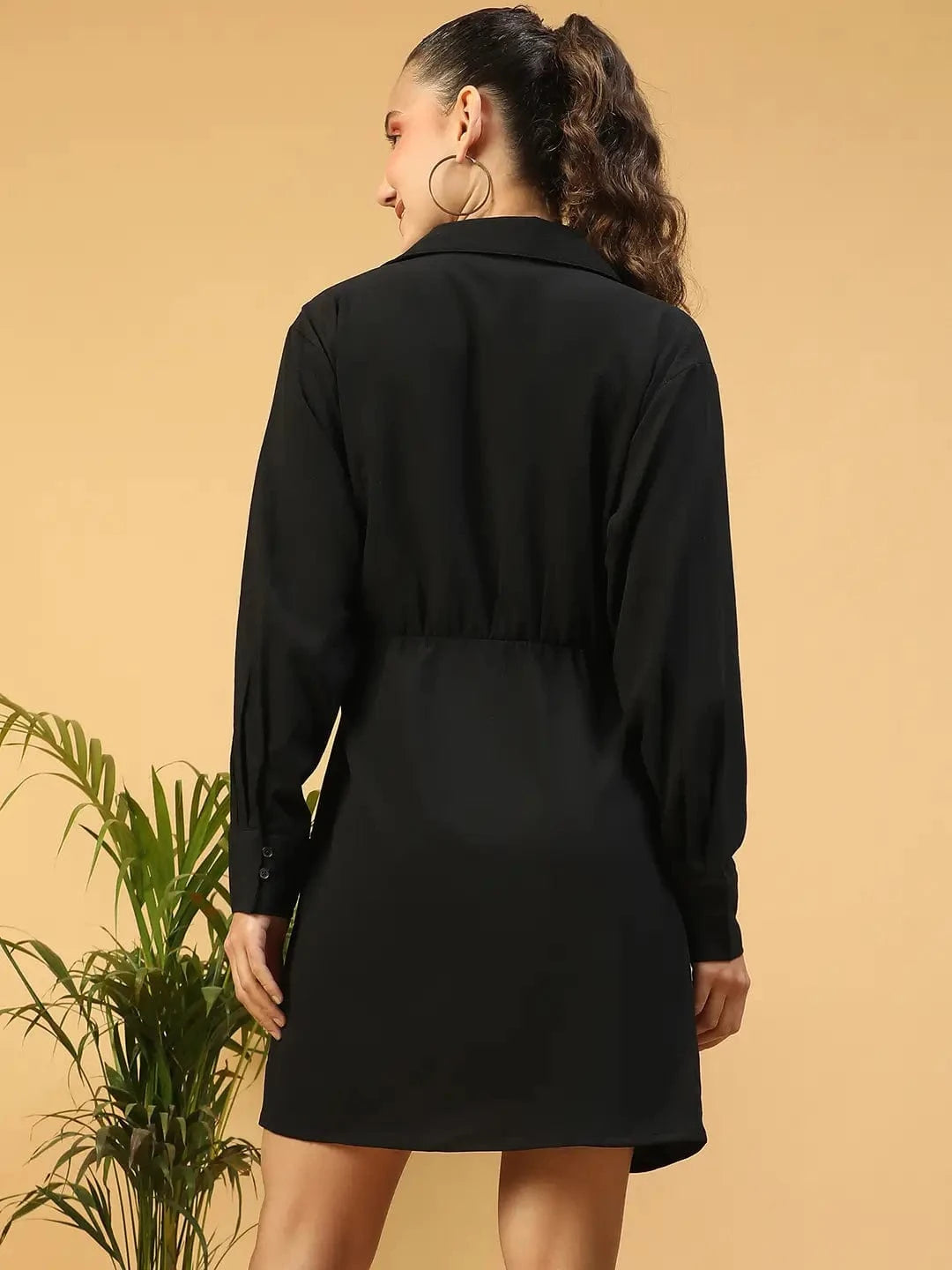 Outshine Black V-Neck Long Sleeve Tie-Knot Women Wrap Dress