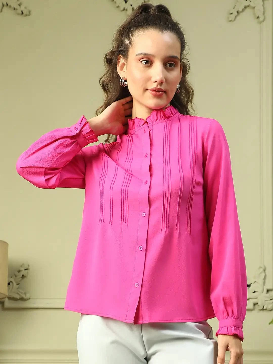 Roll Out Pink Frill Detailed Long Sleeve Button Down  Women Pleated Shirt