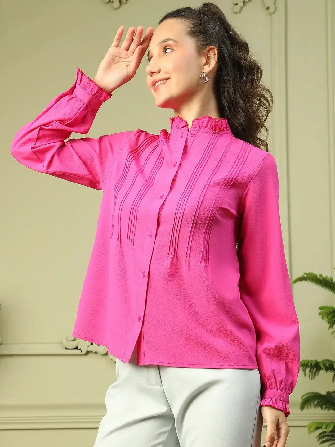 Roll Out Pink Frill Detailed Long Sleeve Button Down Women Pleated Shirt