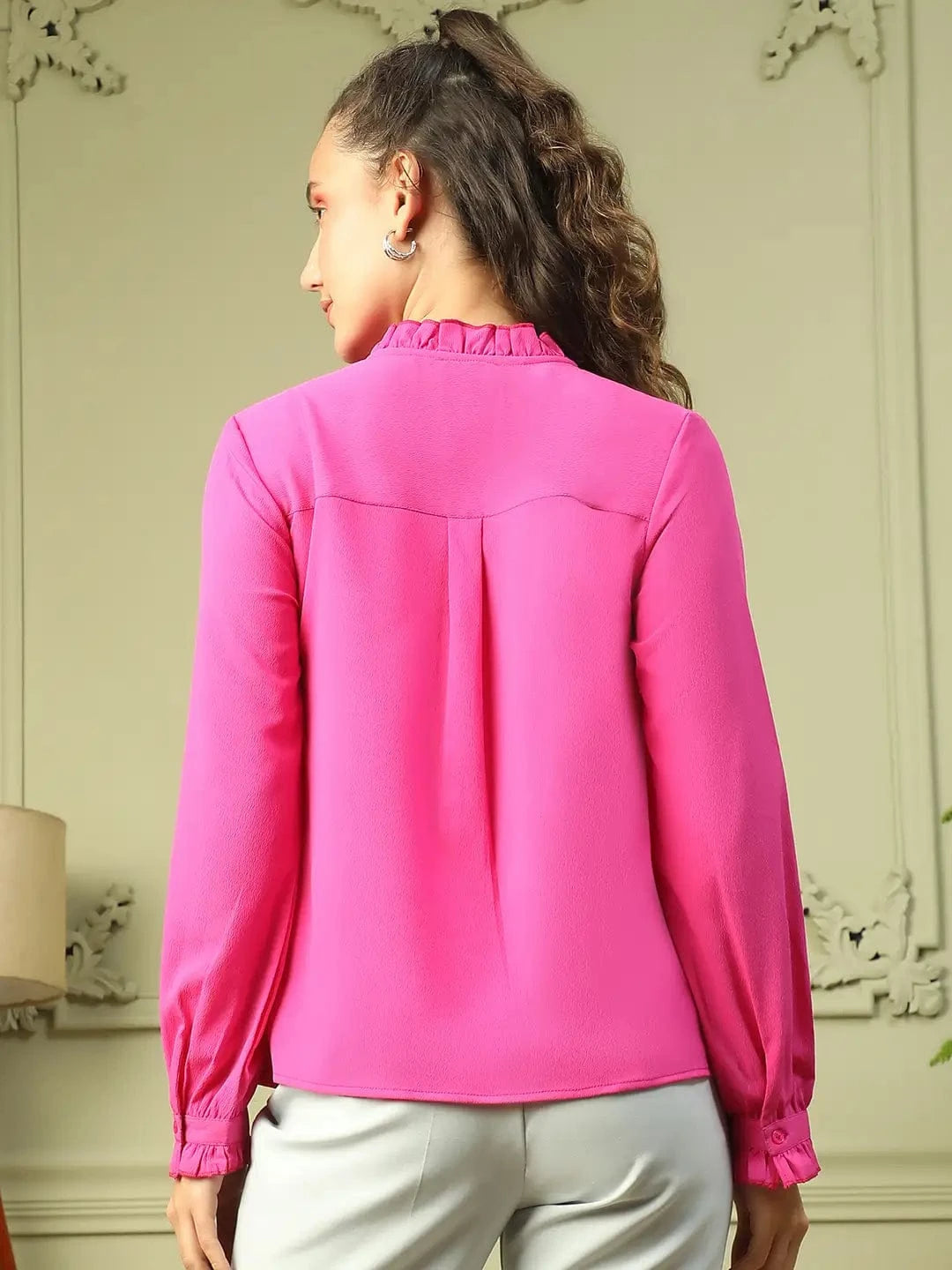 Roll Out Pink Frill Detailed Long Sleeve Button Down  Women Pleated Shirt