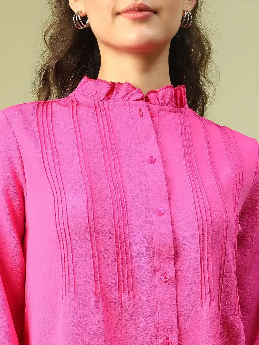 Roll Out Pink Frill Detailed Long Sleeve Button Down  Women Pleated Shirt