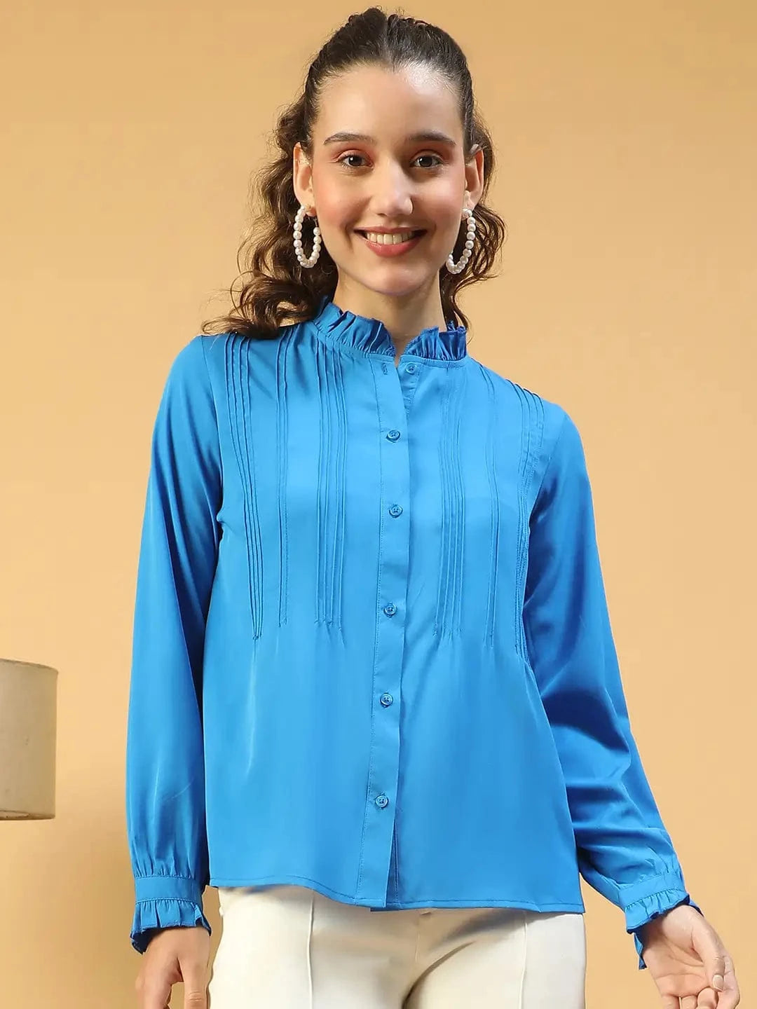 Imply Blue Frill Detailed Long Sleeve Button Down  Women Pleated Shirt