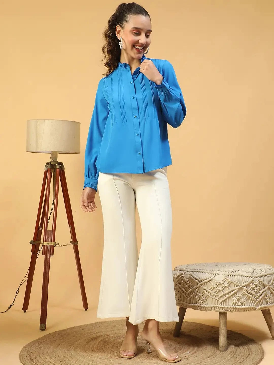 Imply Blue Frill Detailed Long Sleeve Button Down  Women Pleated Shirt