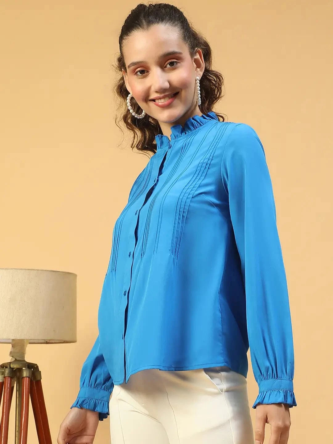 Imply Blue Frill Detailed Long Sleeve Button Down  Women Pleated Shirt