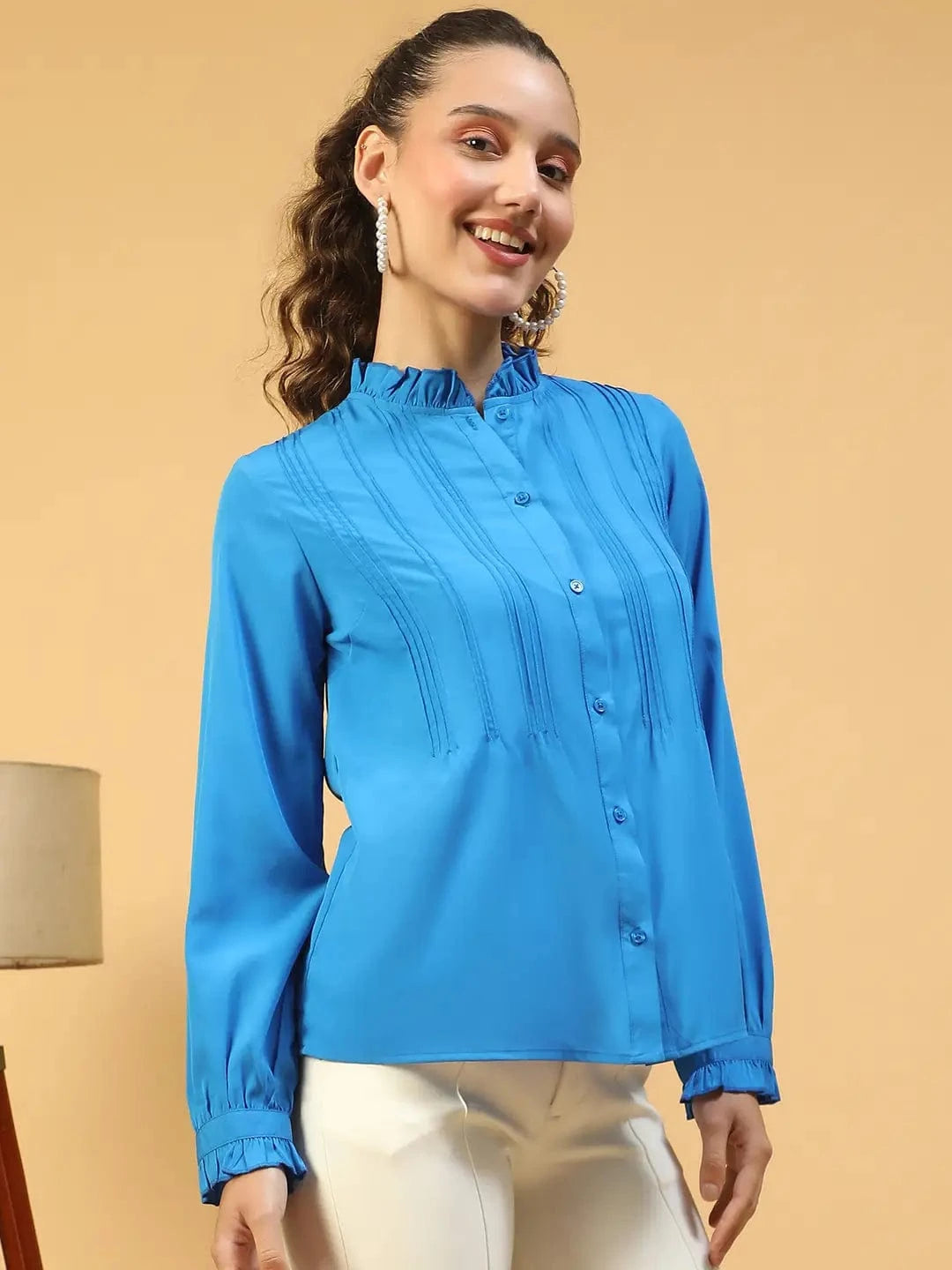 Imply Blue Frill Detailed Long Sleeve Button Down  Women Pleated Shirt