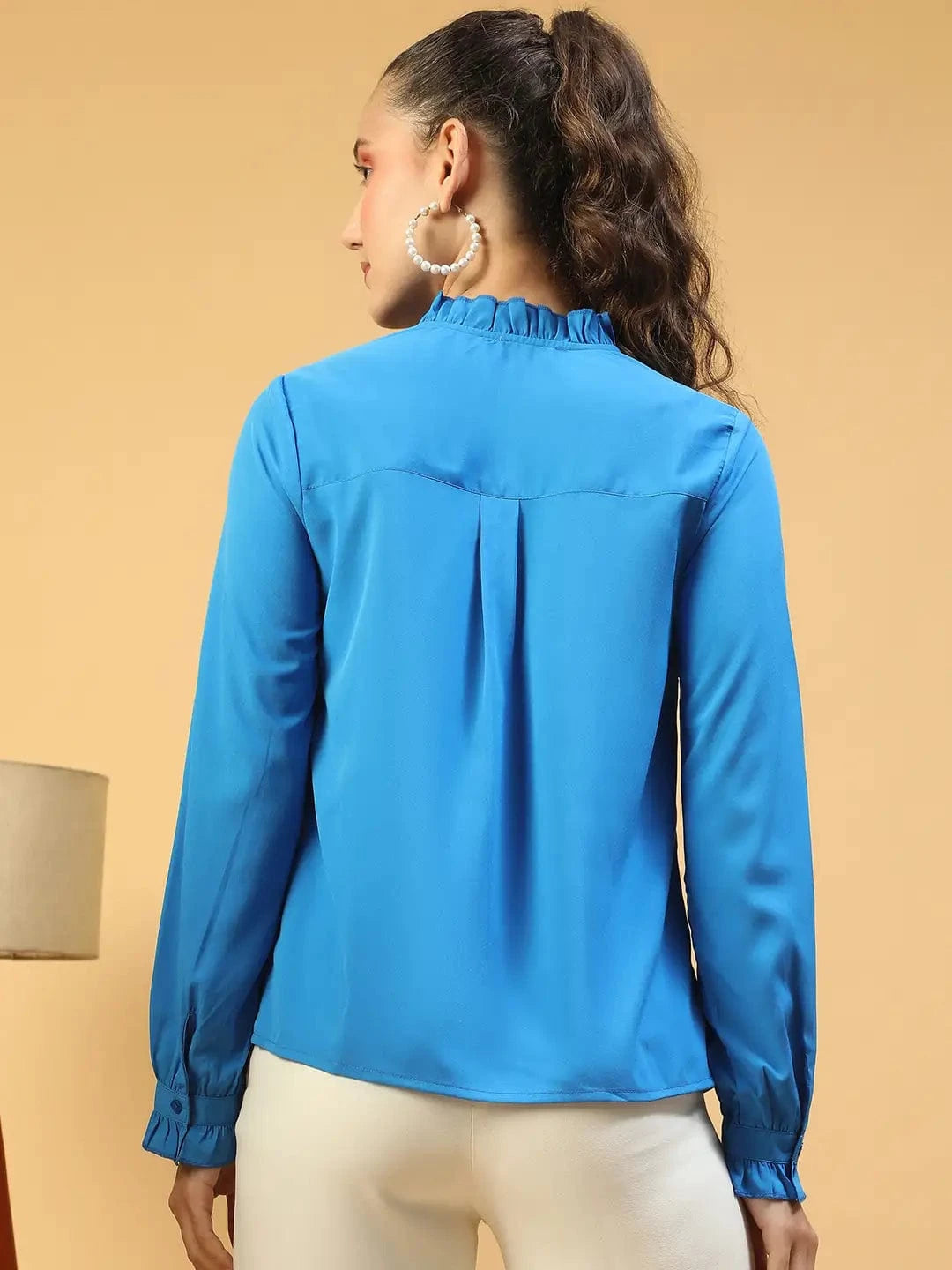 Imply Blue Frill Detailed Long Sleeve Button Down  Women Pleated Shirt