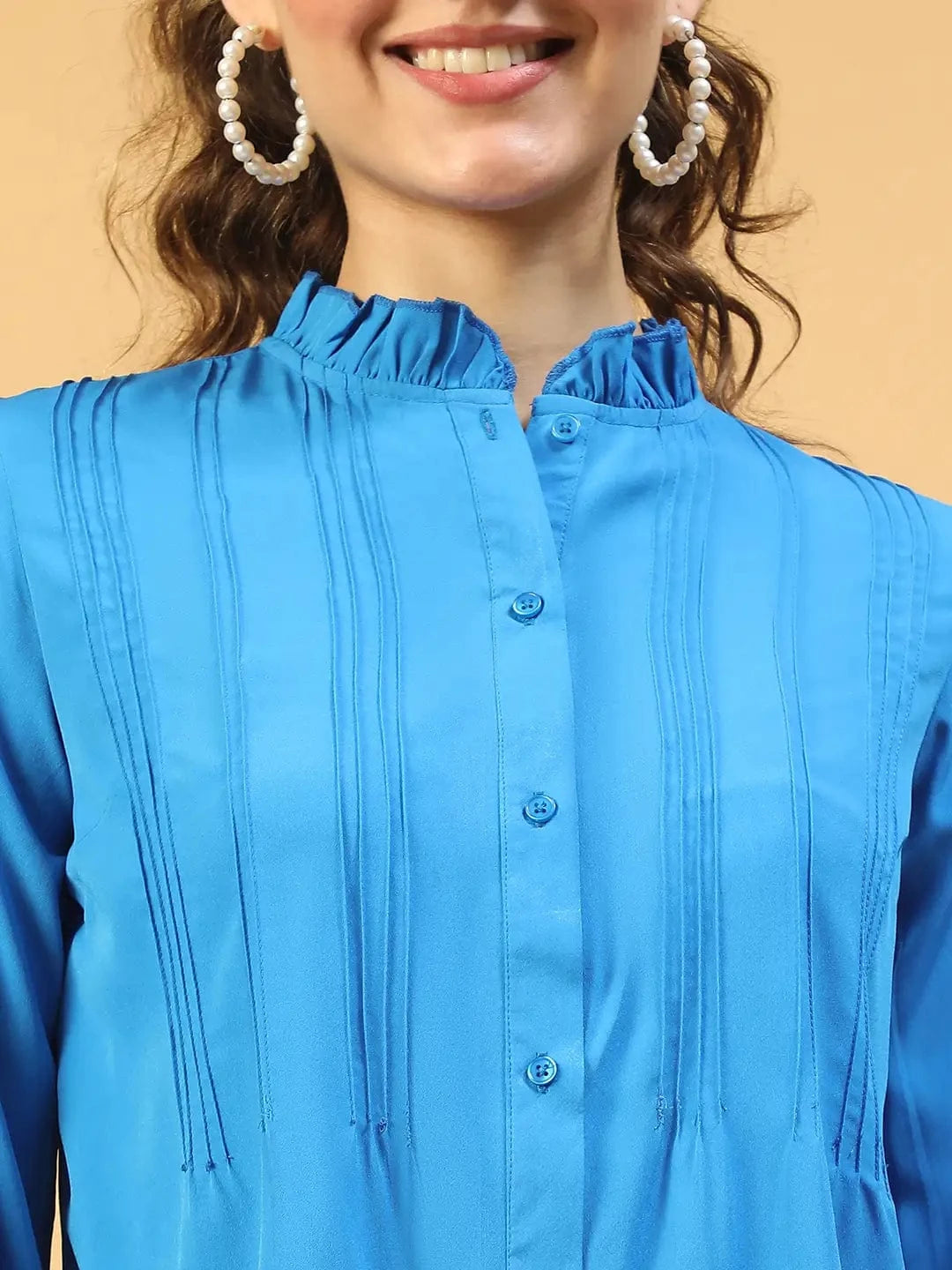 Imply Blue Frill Detailed Long Sleeve Button Down  Women Pleated Shirt