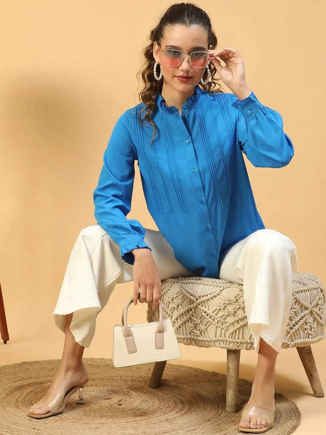 Imply Blue Frill Detailed Long Sleeve Button Down  Women Pleated Shirt