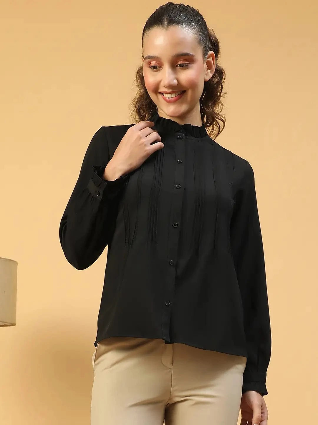 Beautiful Black Frill Detailed Long Sleeve Button Down  Women Pleated Shirt