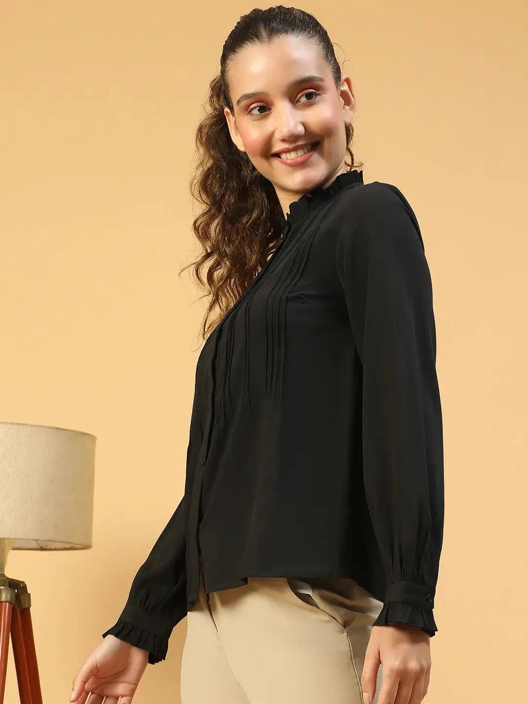 Beautiful Black Frill Detailed Long Sleeve Button Down  Women Pleated Shirt