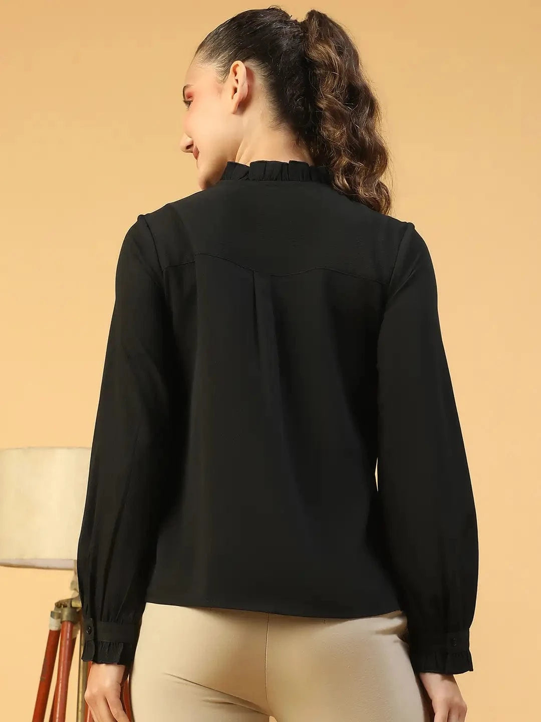 Beautiful Black Frill Detailed Long Sleeve Button Down  Women Pleated Shirt