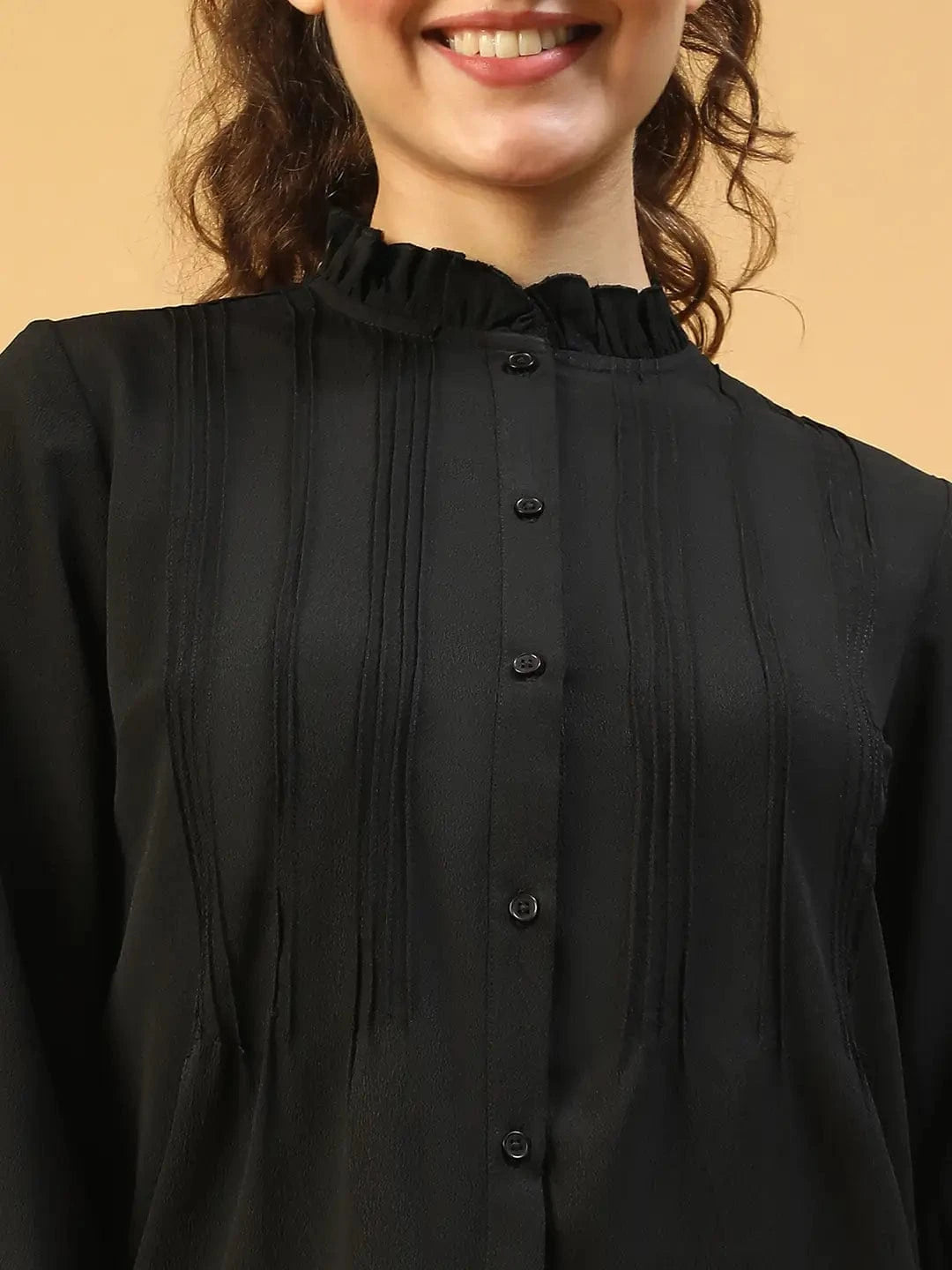 Beautiful Black Frill Detailed Long Sleeve Button Down  Women Pleated Shirt