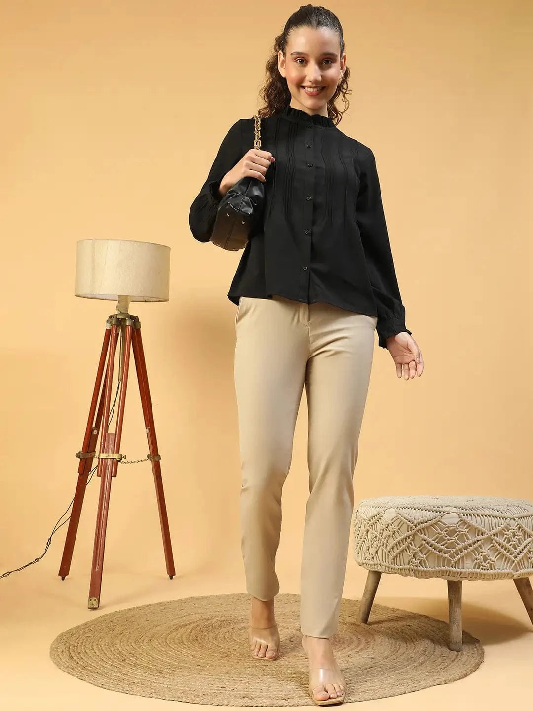 Beautiful Black Frill Detailed Long Sleeve Button Down  Women Pleated Shirt