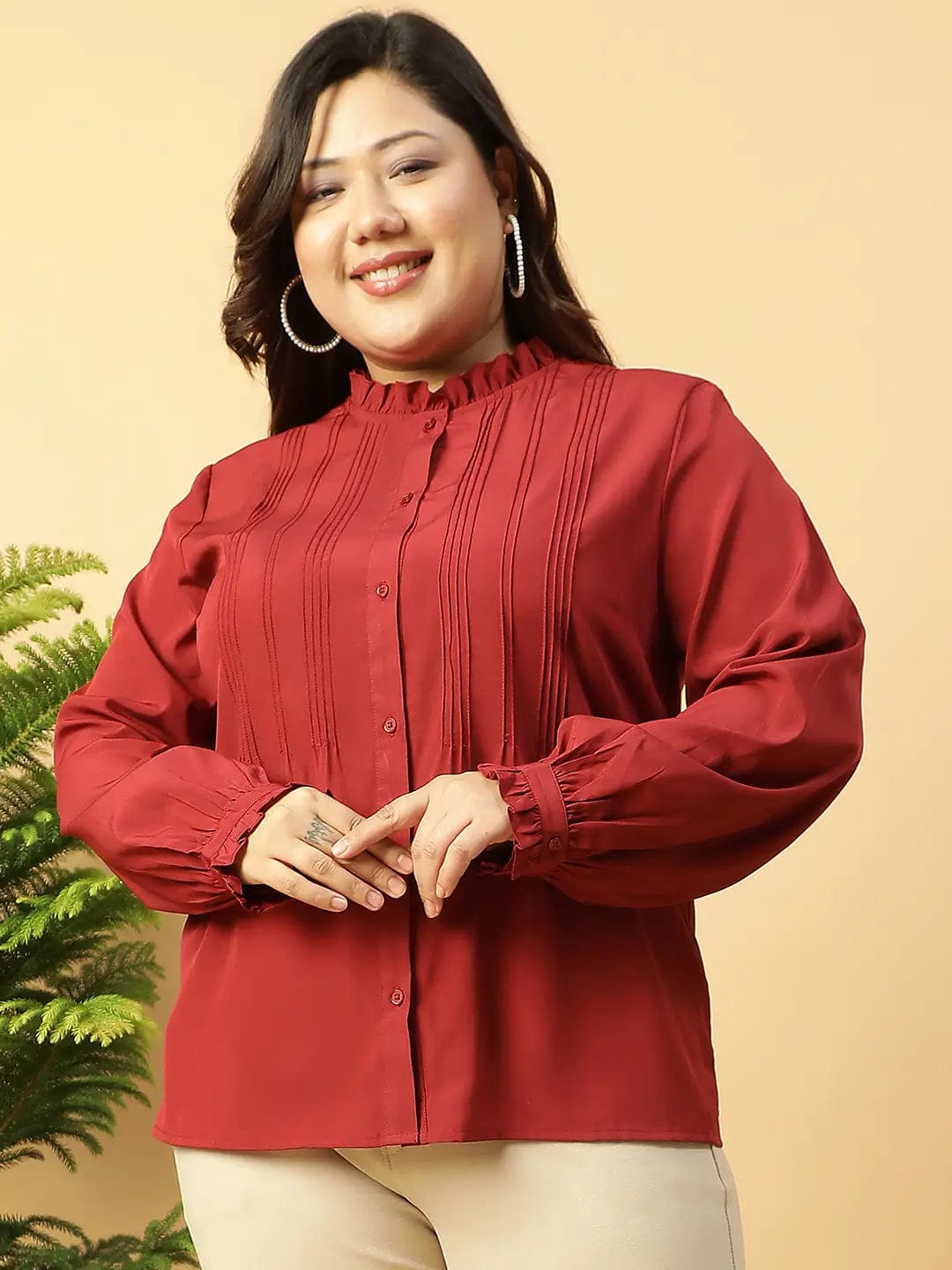 Trendy Maroon Long Sleeve Button Down Plus Size Women Shirt