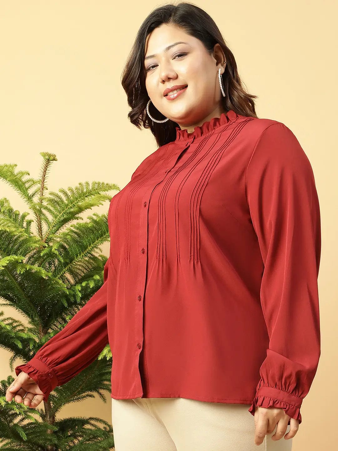 Trendy Maroon Long Sleeve Button Down Plus Size Women Shirt