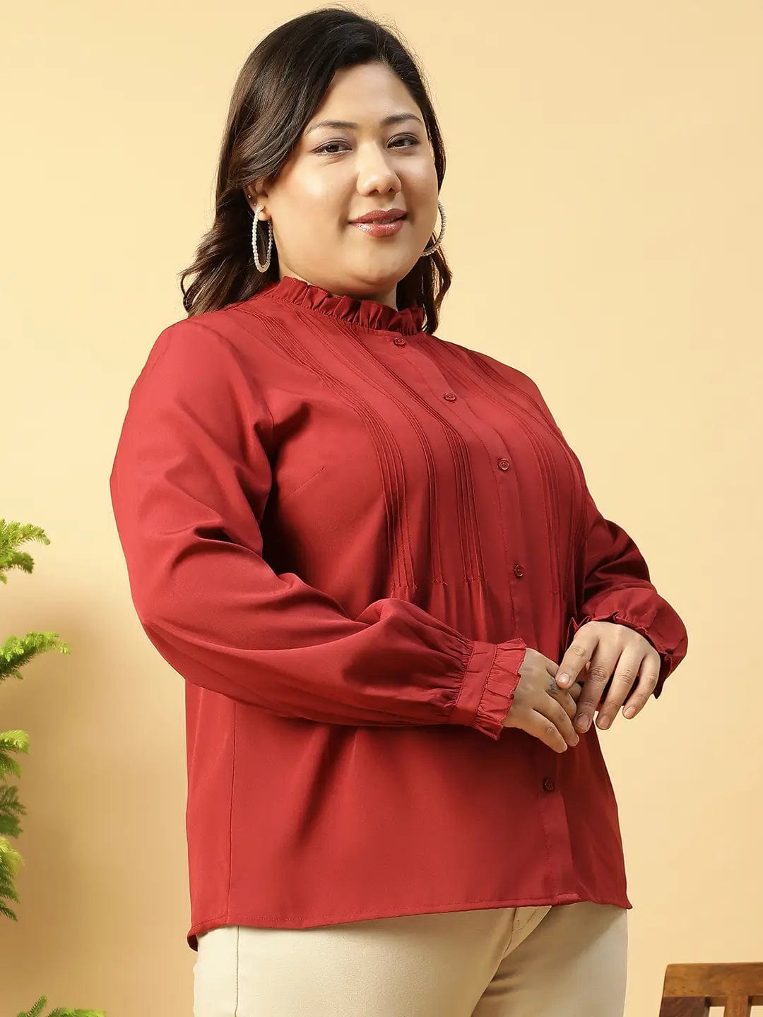 Trendy Maroon Long Sleeve Button Down Plus Size Women Shirt