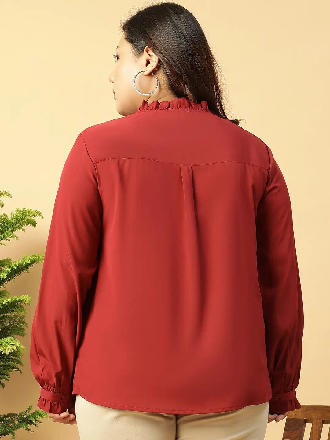 Trendy Maroon Long Sleeve Button Down Plus Size Women Shirt